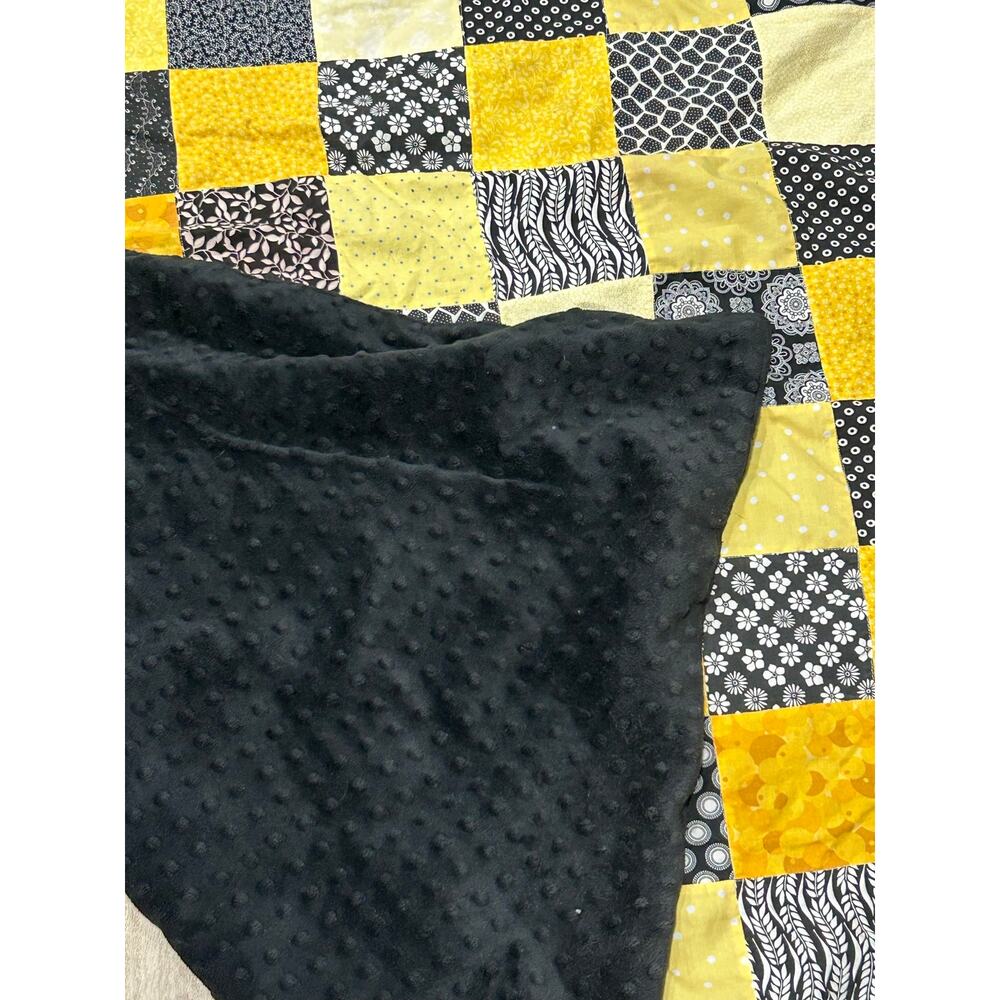 Handmade Black Yellow White Patchwork Quilt Throw Soft Minky Backing 60x47 - Picture 3 of 6